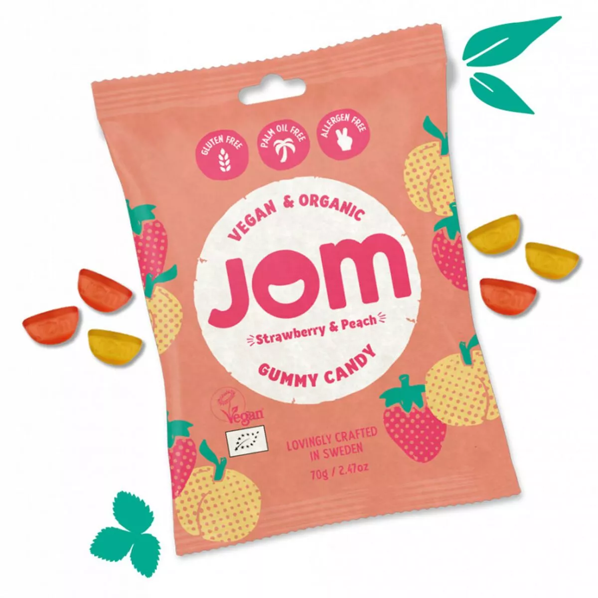 JOM Sour Strawberry & Peach Gummy Candy, organic und vegan (70g) 1