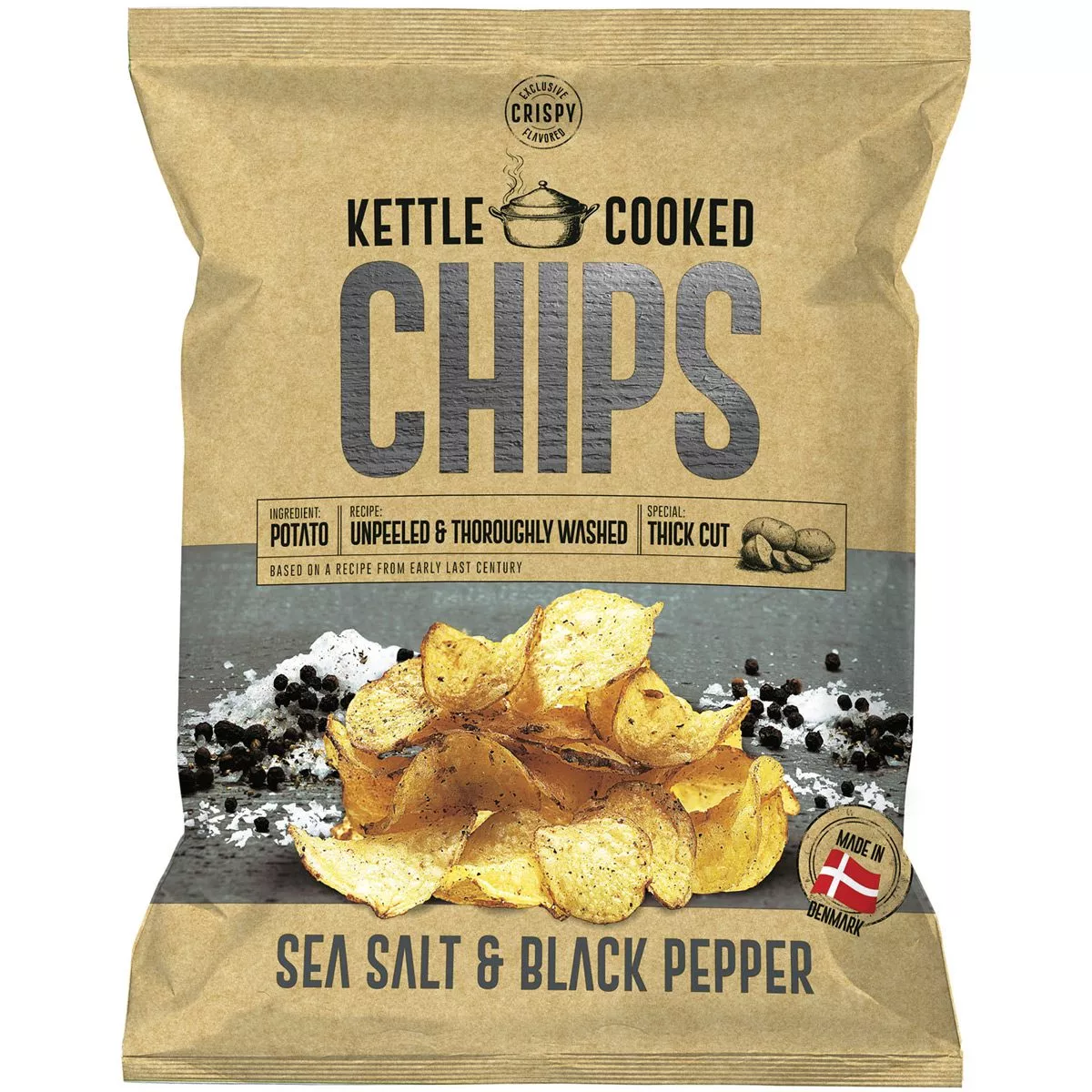 OK Snacks Kettle Chips SEASALT & BLACK PEPPER aus Dänemark (150g) 1